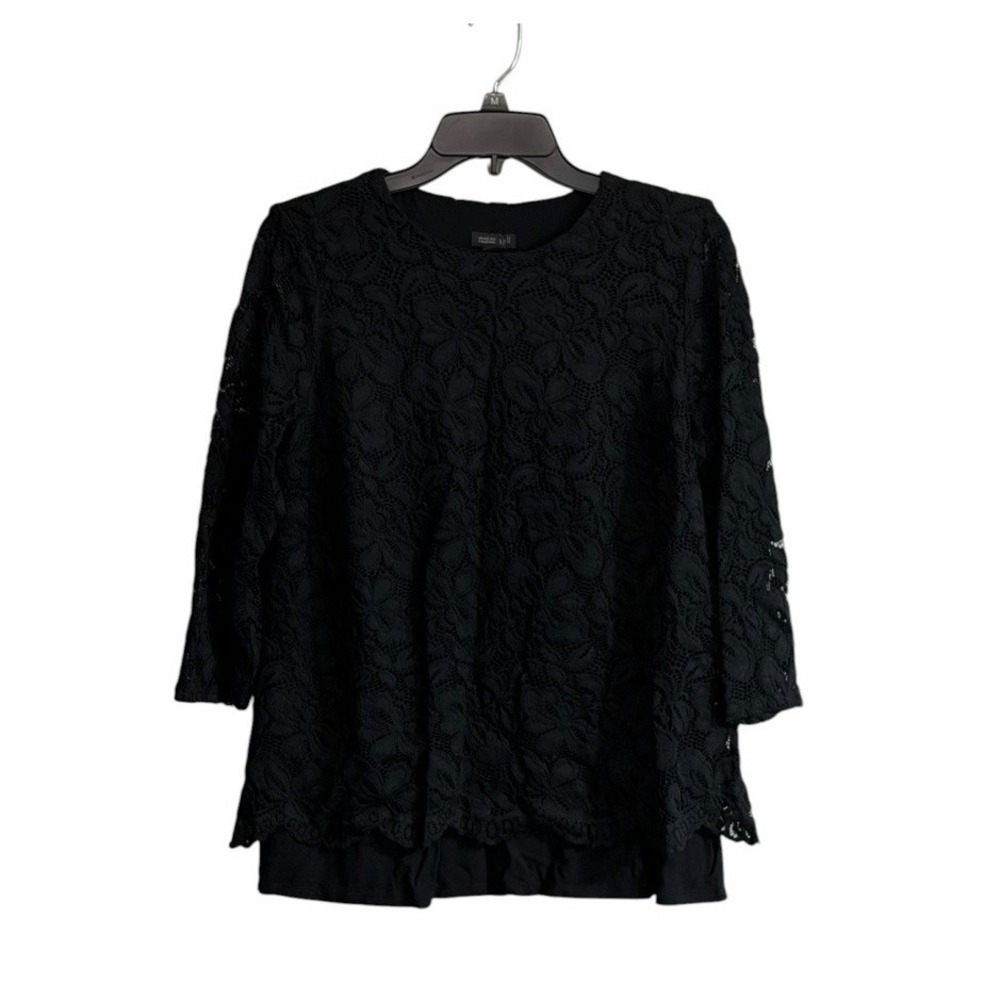 J Jill Wearever Blouse Med Black Floral Lace Overlay Whimsigoth Romantic Office